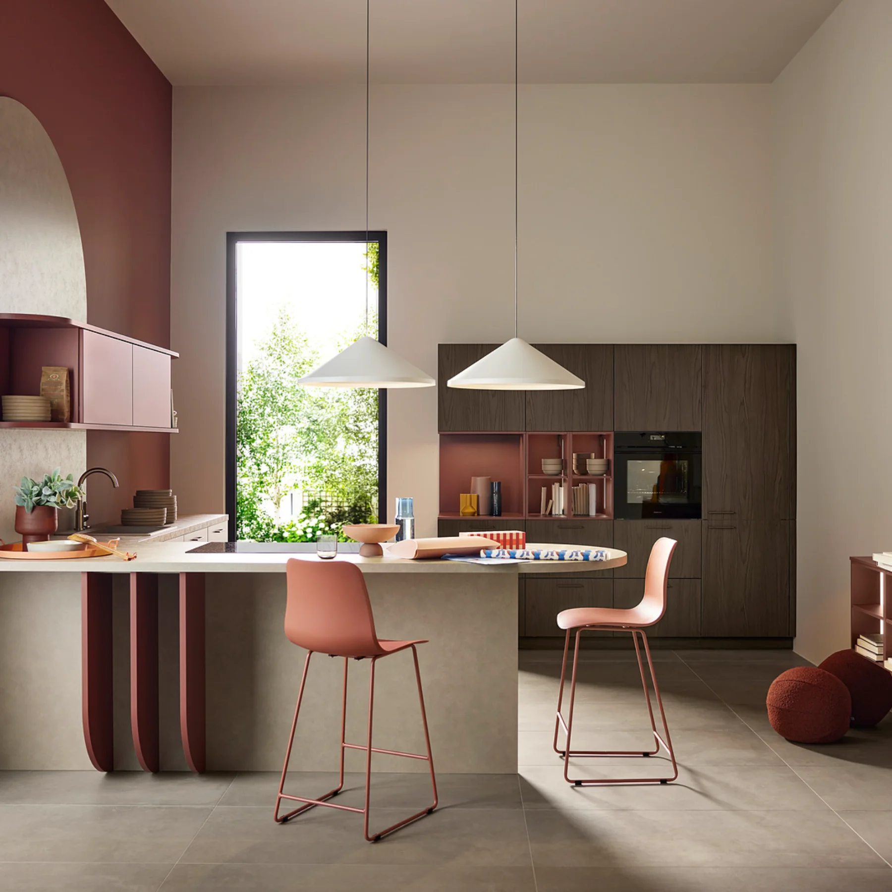 Modern L-shaped kitchen in red with wood
